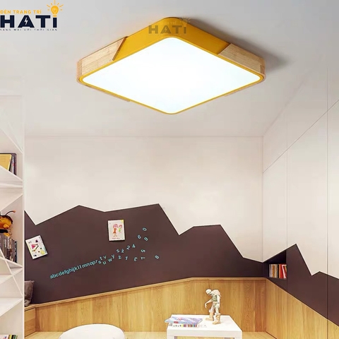 Đèn LED ốp trần gỗ Marcalon vuông màu vàng