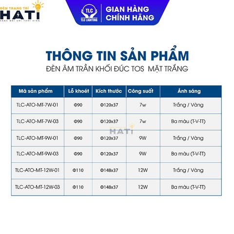 Đèn Led Âm Trần Khối Đúc TOS Mặt Trắng 7w-9w-12w