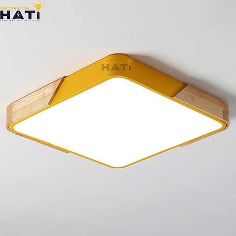 Đèn ốp trần led gỗ Marcalon vuông màu vàng