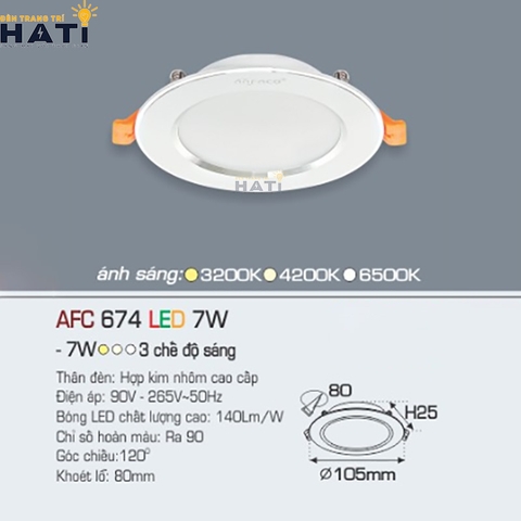 Đèn âm trần Anfaco AFC 674 viền bạc 7w - 9w - 12w