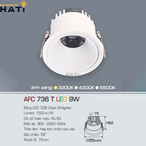 Đèn âm trần Anfaco AFC 736 màu trắng - đen 7w - 9w - 12w