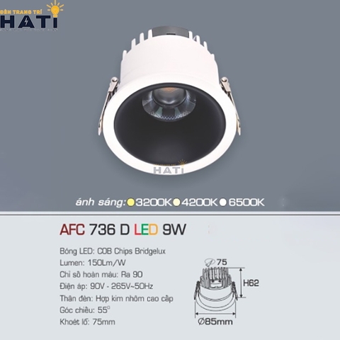 Đèn âm trần Anfaco AFC 736 màu trắng - đen 7w - 9w - 12w
