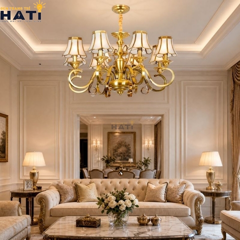Đèn chùm đồng nguyên chất Tious 8 bóng