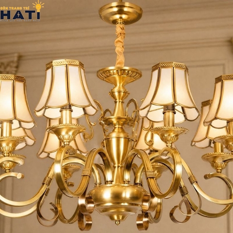 Đèn chùm đồng nguyên chất Tious 8 bóng