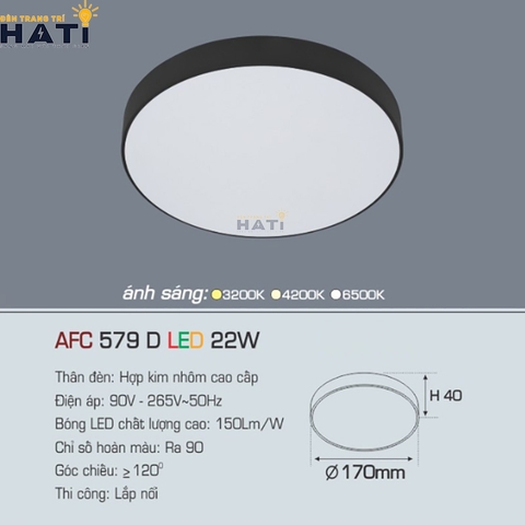 Đèn ốp nổi Anfaco tròn vỏ đen AFC 579 D 15w - 22w - 32w - 40w