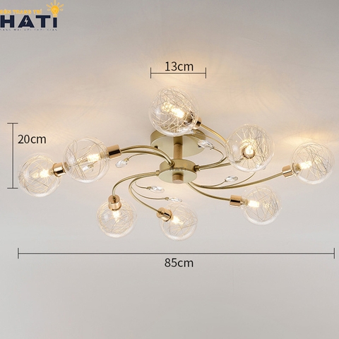 Đèn ốp trần decor Mikha thân vàng 8 bóng