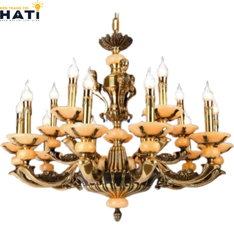 Đèn chùm đồng Versailles 15 tay đá ngọc