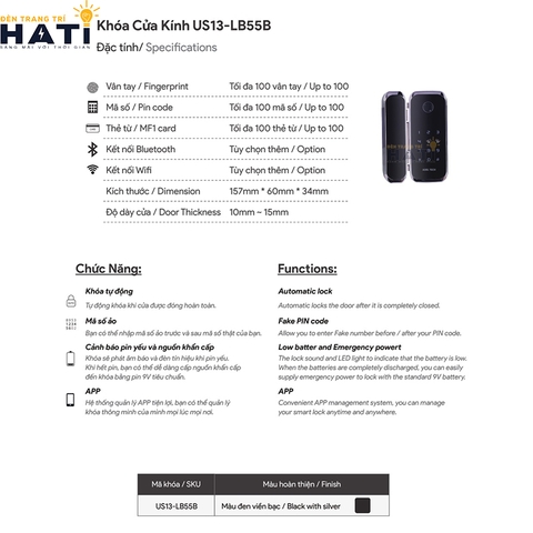 Khoá cửa kính Adel US13-LB55B