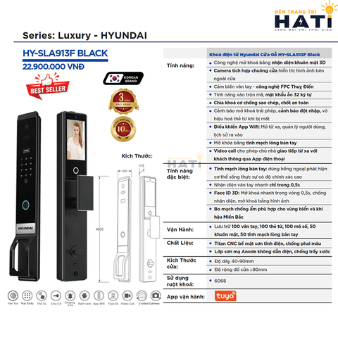 Khóa điện tử Hyundai cửa gỗ HY-SLA913F BLACK