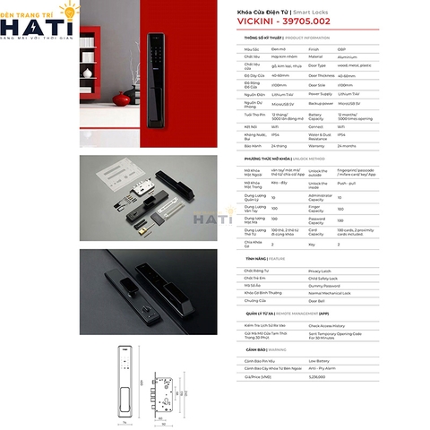 Khóa điện tử VICKINI 39705.002 có thiết kế hiện đại, sang trọng, phù hợp với nhà ở cao cấp và văn phòng