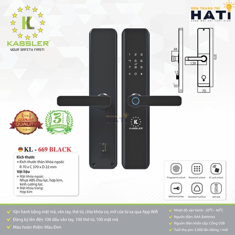 Khóa vân tay cửa gỗ Kassler KL-696