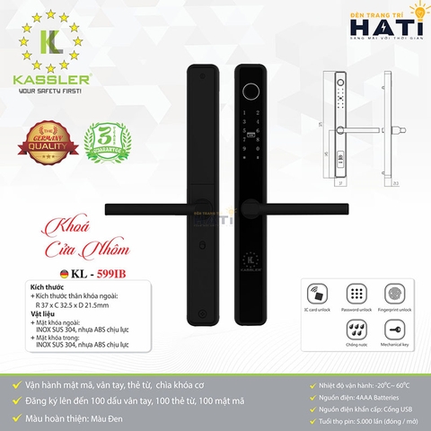 Khóa vân tay cửa nhôm Kassler KL-599IB