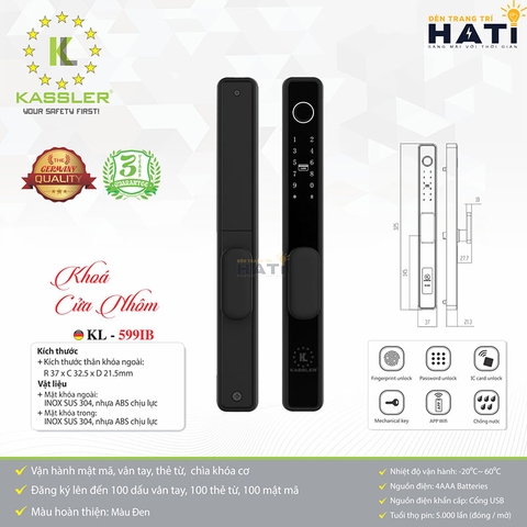 Khóa vân tay cửa nhôm Kassler KL-599IB