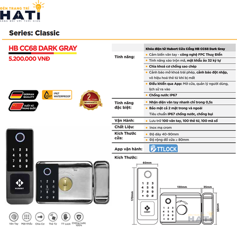 Khóa vân tay Hubert cửa cổng CC68 DARK GRAY