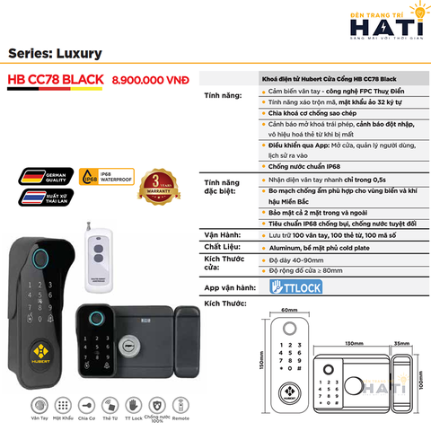 Khóa vân tay Hubert cửa cổng CC78 BLACK