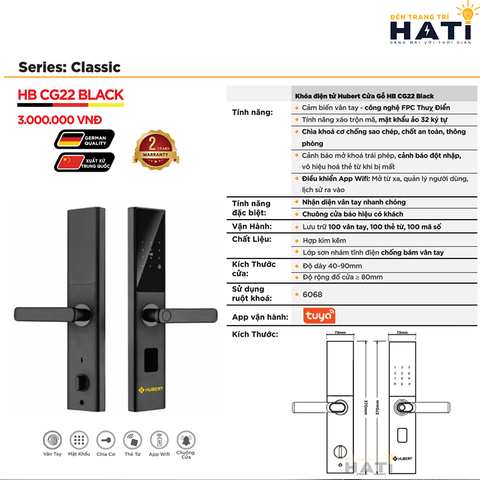 Khóa vân tay Hubert cửa gỗ CG22 BLACK