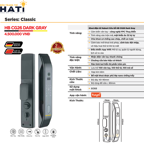 Khóa vân tay Hubert cửa gỗ CG26 Dark Gray