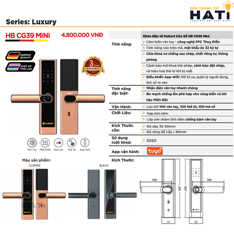 Khóa vân tay Hubert cửa gỗ CG39 Mini
