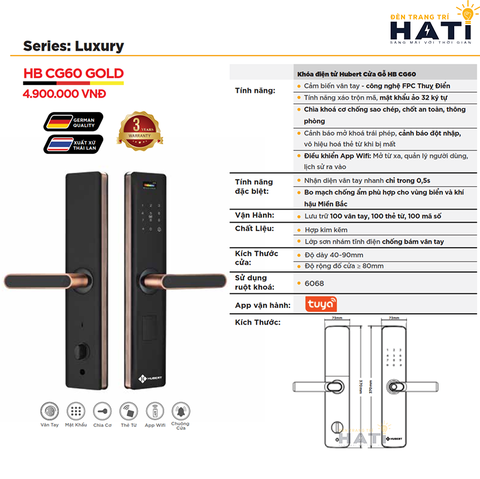 Khóa vân tay Hubert cửa gỗ CG60 GOLD