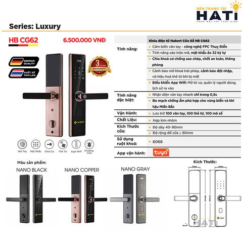 Khóa vân tay Hubert cửa gỗ CG62 NANO
