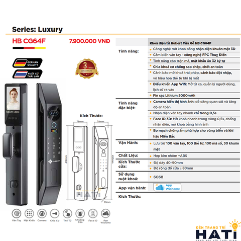 Khóa vân tay Hubert cửa gỗ CG64F