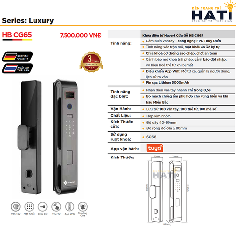 Khóa vân tay Hubert cửa gỗ CG65