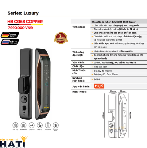 Khóa vân tay Hubert cửa gỗ CG68 COPPER