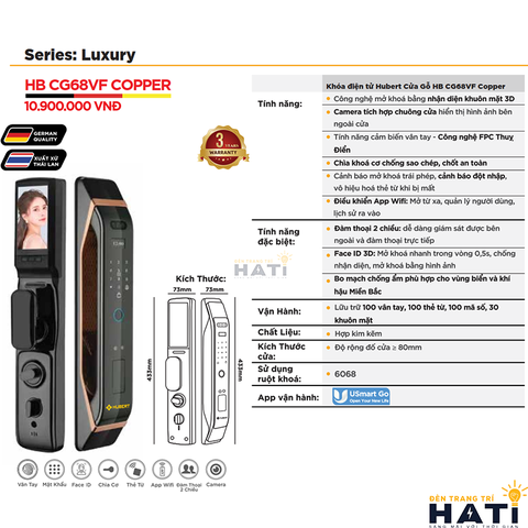Khóa vân tay Hubert cửa gỗ CG68VF COPPER