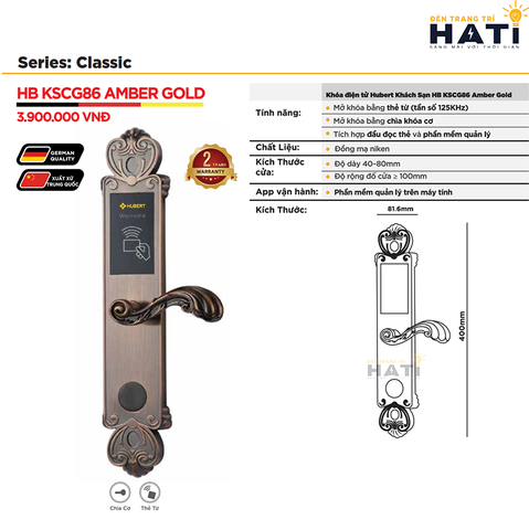 Khóa vân tay Hubert cửa khách sạn KSCG86 AMBER GOLD