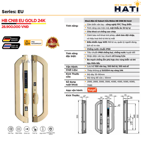 Khóa vân tay Hubert cửa nhôm CNI8 EU GOLD 24K