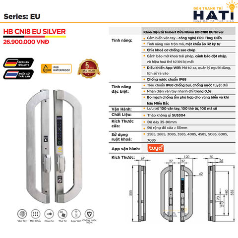 Khóa vân tay Hubert cửa nhôm CNI8 EU SILVER