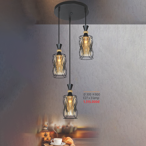 Đèn thả 3 thủy tinh chao trà, khung trụ tròn