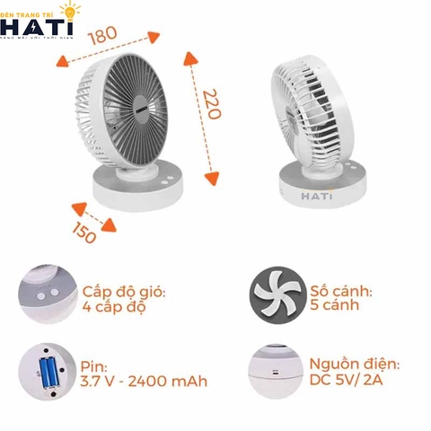 Quạt sạc Nanoco NRF6215W màu trắng