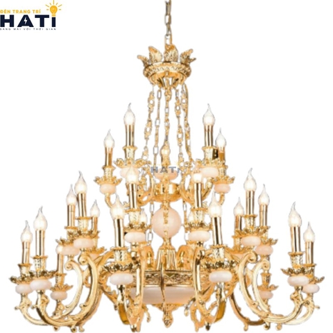 Đèn chùm đồng Versailles 25 tay nến đá ngọc