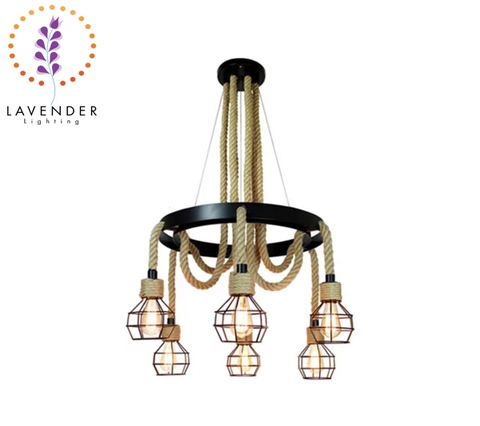 TH446 - Đèn thả dây thừng vintage 6 bóng rọ sắt đa giác