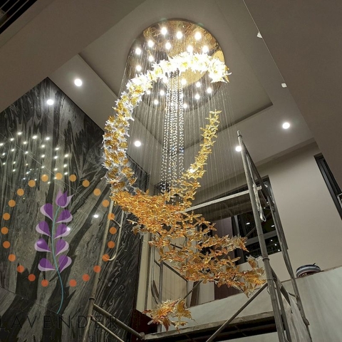 PL031 - Đèn thả lá thủy tinh chim và lá phong