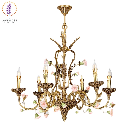 Đèn chùm đồng tân cổ điển họa tiết hoa cao cấp