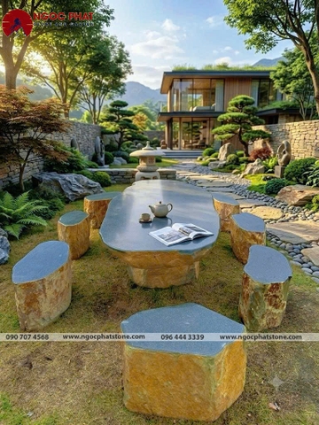 BỘ BÀN GHẾ ĐÁ CUỘI XANH TỰ NHIÊN NGUYÊN KHỐI