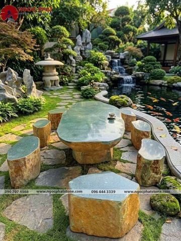 BỘ BÀN GHẾ ĐÁ CUỘI XANH TỰ NHIÊN NGUYÊN KHỐI
