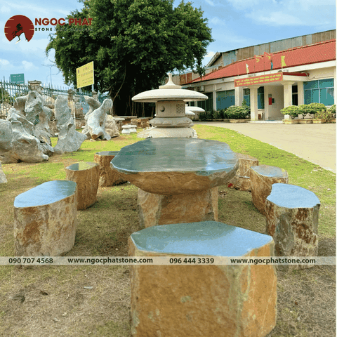 BỘ BÀN GHẾ ĐÁ CUỘI XANH TỰ NHIÊN NGUYÊN KHỐI