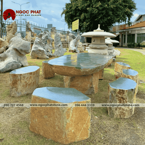 BỘ BÀN GHẾ ĐÁ CUỘI XANH TỰ NHIÊN NGUYÊN KHỐI