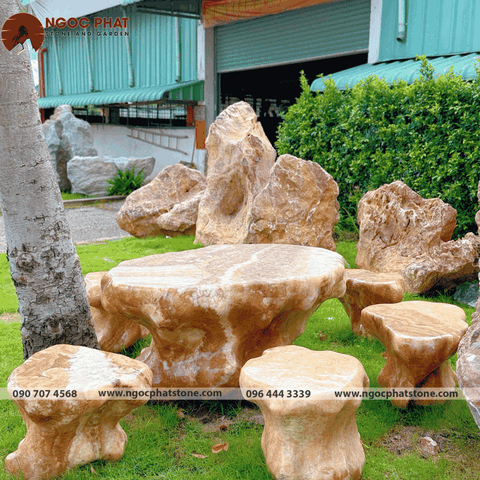 BỘ BÀN GHẾ ĐÁ THẠCH ANH TỰ NHIÊN NGUYÊN KHỐI