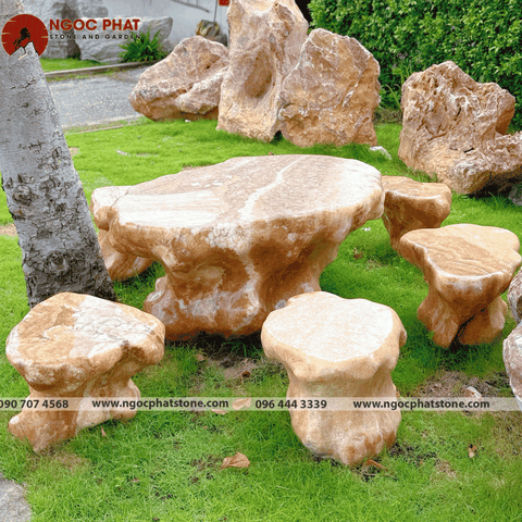 BỘ BÀN GHẾ ĐÁ THẠCH ANH TỰ NHIÊN NGUYÊN KHỐI