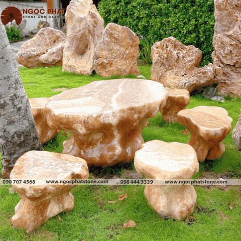 BỘ BÀN GHẾ ĐÁ THẠCH ANH TỰ NHIÊN NGUYÊN KHỐI