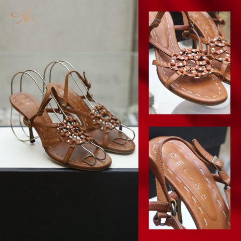 Sandal Celine nâu đan dây mảnh, 10 cm size 36.5