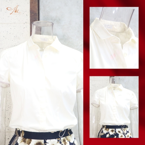 Áo Brunello sơ mi trắng ngà cộc tay, cổ đức, viền tay len ghi