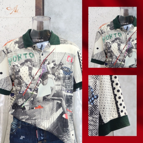 áo phông nam DOLCE cộc tay cổ áo và gấu tay màu xanh nước biển . áo màu trắng ngà có chữ PORTO