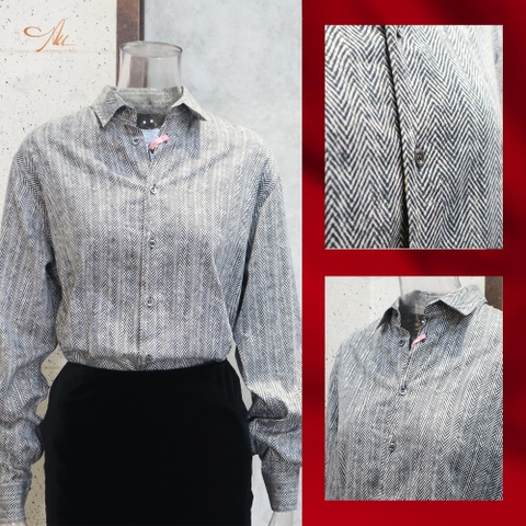 Áo sơ mi nam Giorgio Amani kẻ xương cá xanh trắng, cổ đức, dài tay.