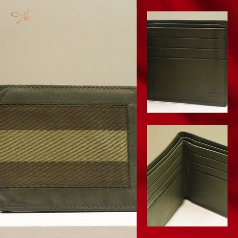 Ví Gucci bi-fold xanh rêu ( ví vải sọc, viền da)