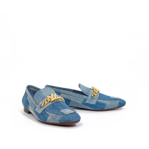Giày Louis Vuitton Upper Case Loafer 38 Vải Denim Màu Xanh Khóa Vàng